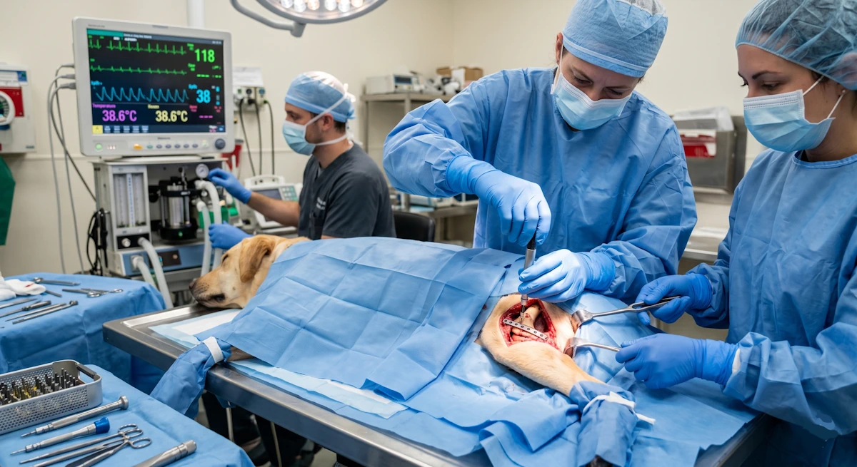 Equipo de traumatología veterinaria en Jerez realizando una compleja cirugía de fémur a un perro bajo estricta monitorización anestésica y quirúrgica.