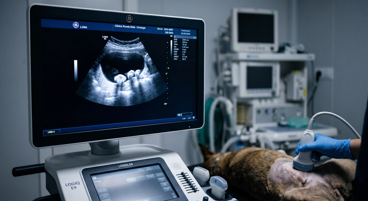 Imagen ecográfica para diagnóstico de piedras en la vejiga en el servicio de urologia veterinaria de Clínica Ronda Este.