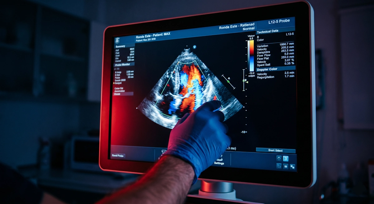 Imagen técnica de Doppler Color durante una ecocardiografia veterinaria en Clínica Ronda Este, Jerez.