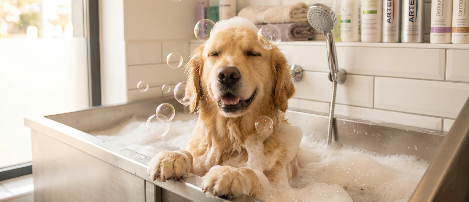 Sesión de baño relajante en nuestra peluquería canina en Jerez.