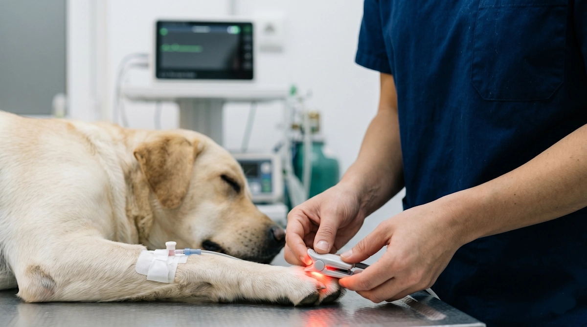 Especialista colocando sensor de pulsioximetría a un perro durante el protocolo de preoperatorio veterinario en Jerez para garantizar una cirugía segura.