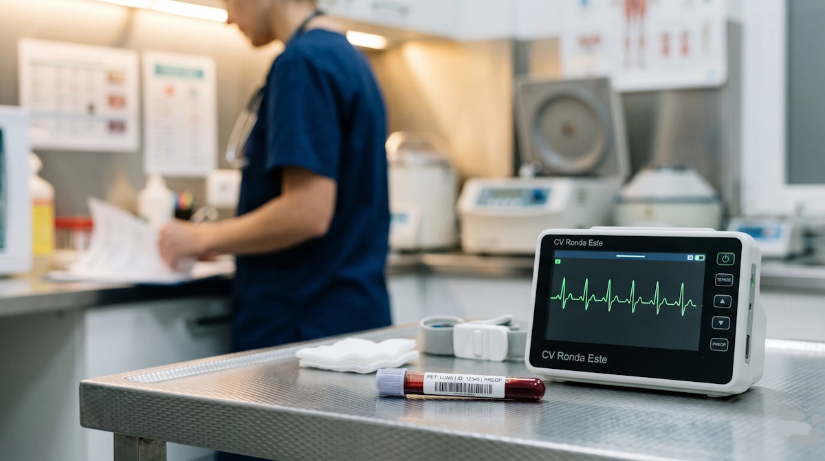 Equipamiento técnico para el preoperatorio veterinario en Jerez, con monitor de electrocardiograma y muestra de analítica sanguínea en Clínica Ronda Este.