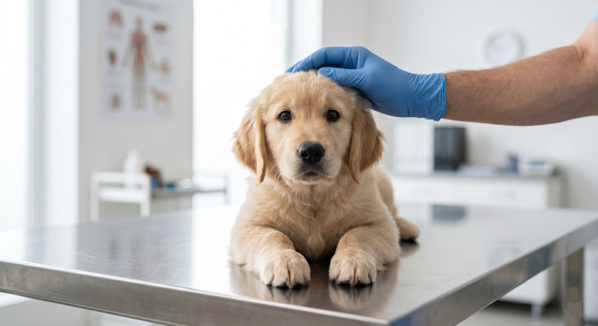 Cachorro de Golden Retriever en su revisión pediátrica para las primeras vacunas en Jerez, recibiendo una caricia de un profesional en Clínica Veterinaria Ronda Este.
