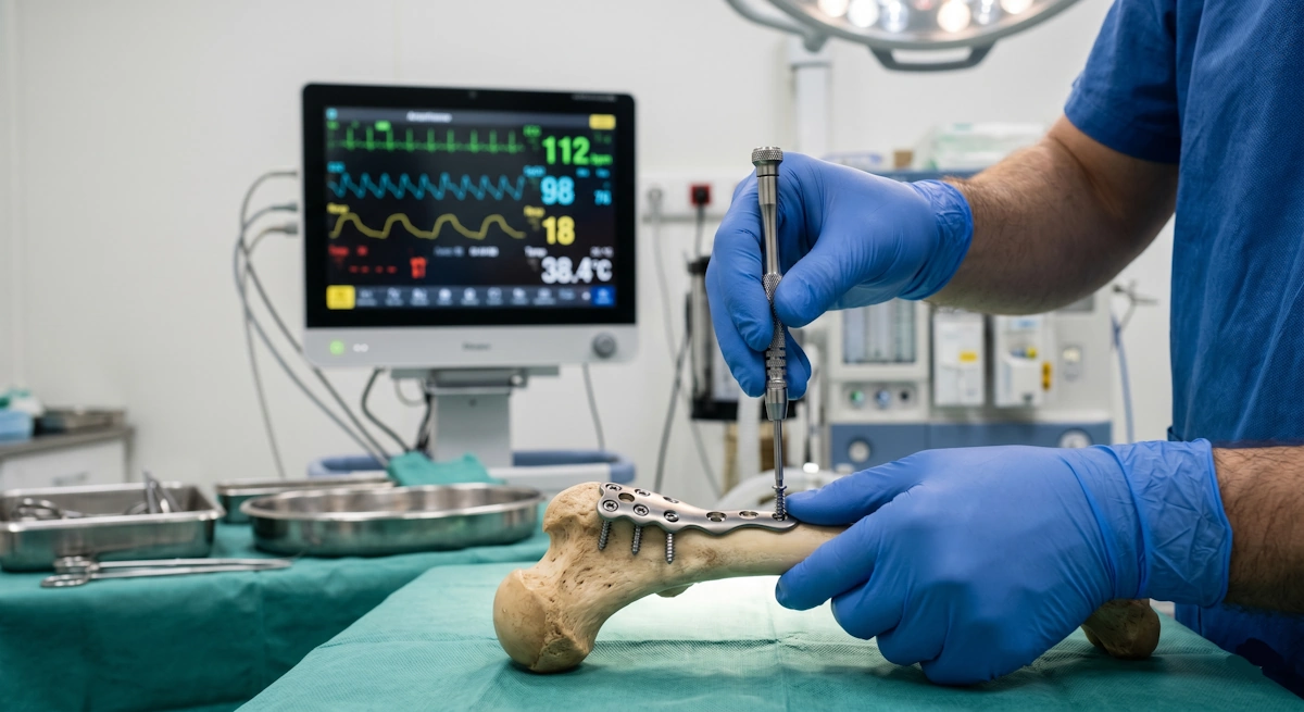 Especialista en traumatología veterinaria en Jerez realizando una técnica de osteosíntesis con placa de titanio y tornillos micrométricos sobre un modelo óseo en Clínica Veterinaria Ronda Este.