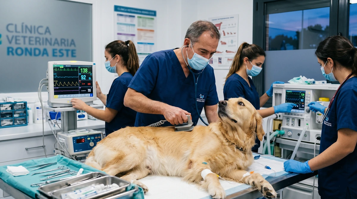 Equipo médico de Clínica Ronda Este atendiendo una estabilización crítica de urgencias veterinarias Jerez.