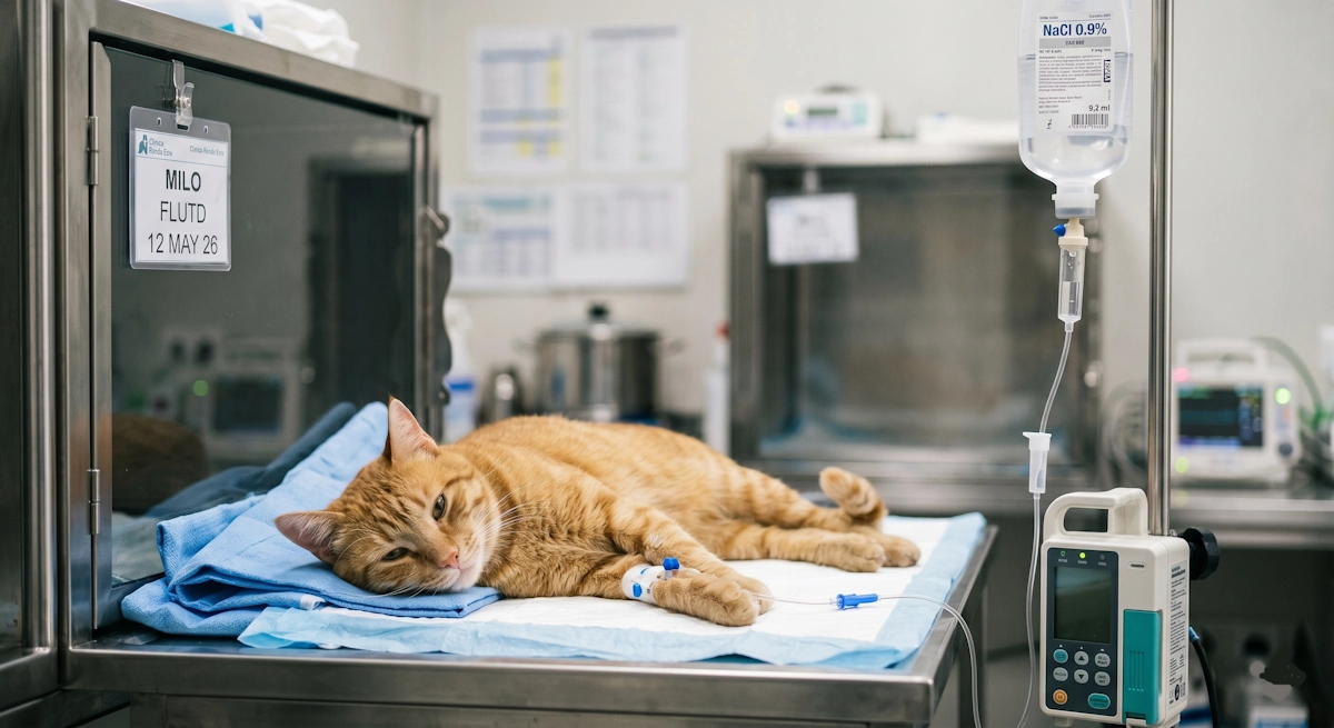 Gato recibiendo tratamiento médico para FLUTD en Clínica Veterinaria Ronda Este.