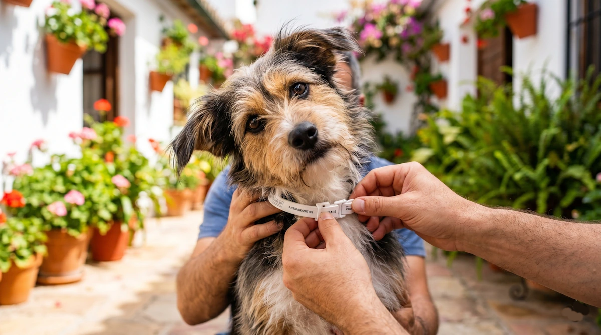 Dueña ajustando collar repelente junto a la vacuna contra la leishmania en perros en Jerez