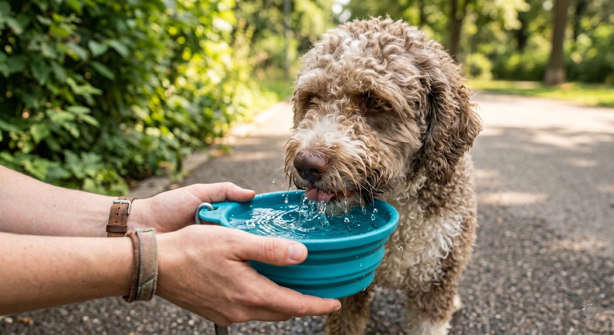 Dueño ofreciendo agua fresca a su perro para prevenir el golpe de calor en perros en verano