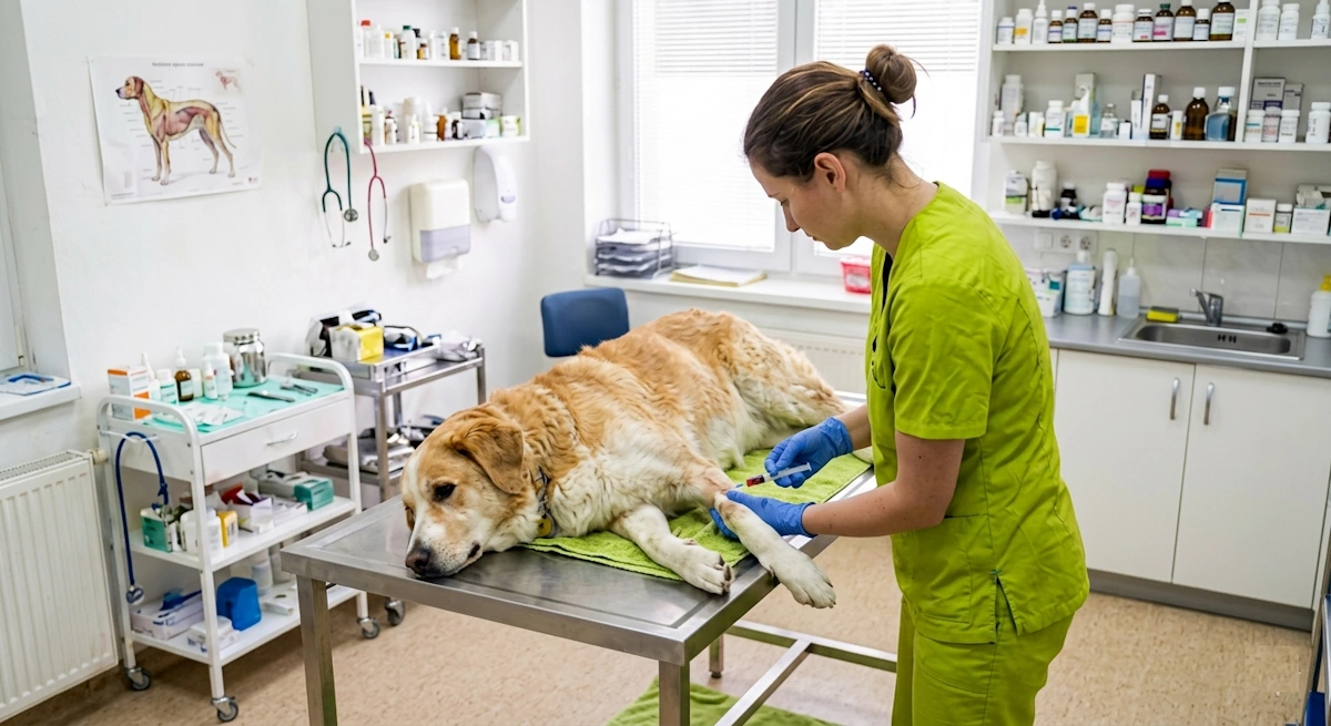 Veterinaria realizando test previo a la vacuna contra la leishmania en perros en Jerez