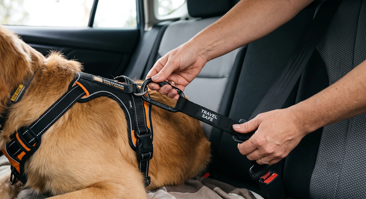 Colocando el arnés de seguridad homologado para viajar con perro en coche