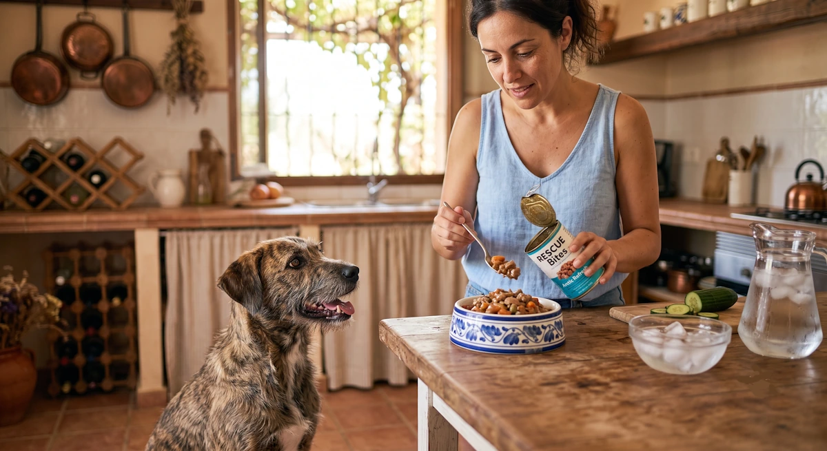 Preparando una sabrosa ración de comida húmeda porque mi perro come menos en verano