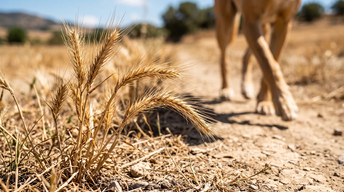 Espigas secas en el campo, causantes de las urgencias veterinarias más frecuentes en verano.
