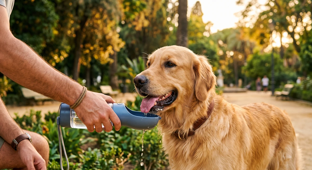 Perro jadeando en un parque como ejemplo de un golpe de calor, una de las urgencias veterinarias más frecuentes en verano y una de las más graves.