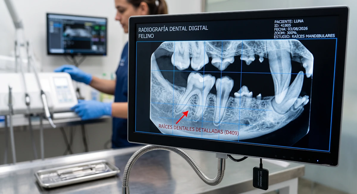 Pantalla mostrando una radiografía dental digital para saber por qué a mi gato le huele mal la boca
