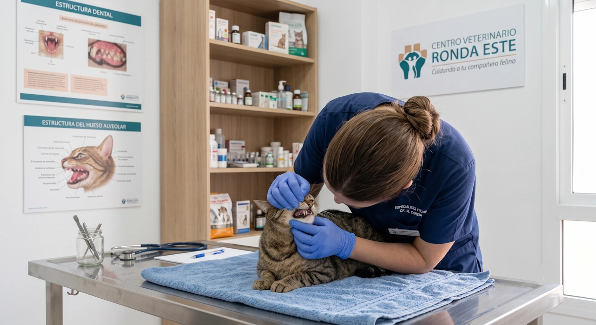 Veterinario especialista revisando las encías porque a mi gato le huele mal la boca
