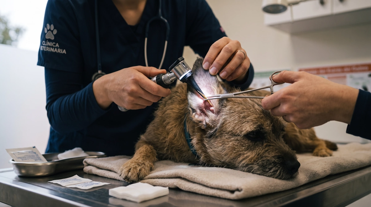 Veterinario utilizando pinzas óticas para retirar espigas en perros en consulta