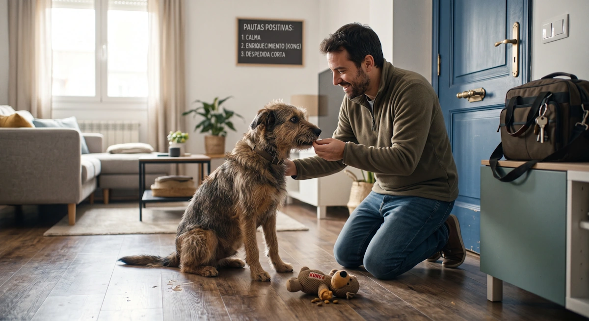 Tutor aplicando pautas positivas para evitar la ansiedad por separación en perros.