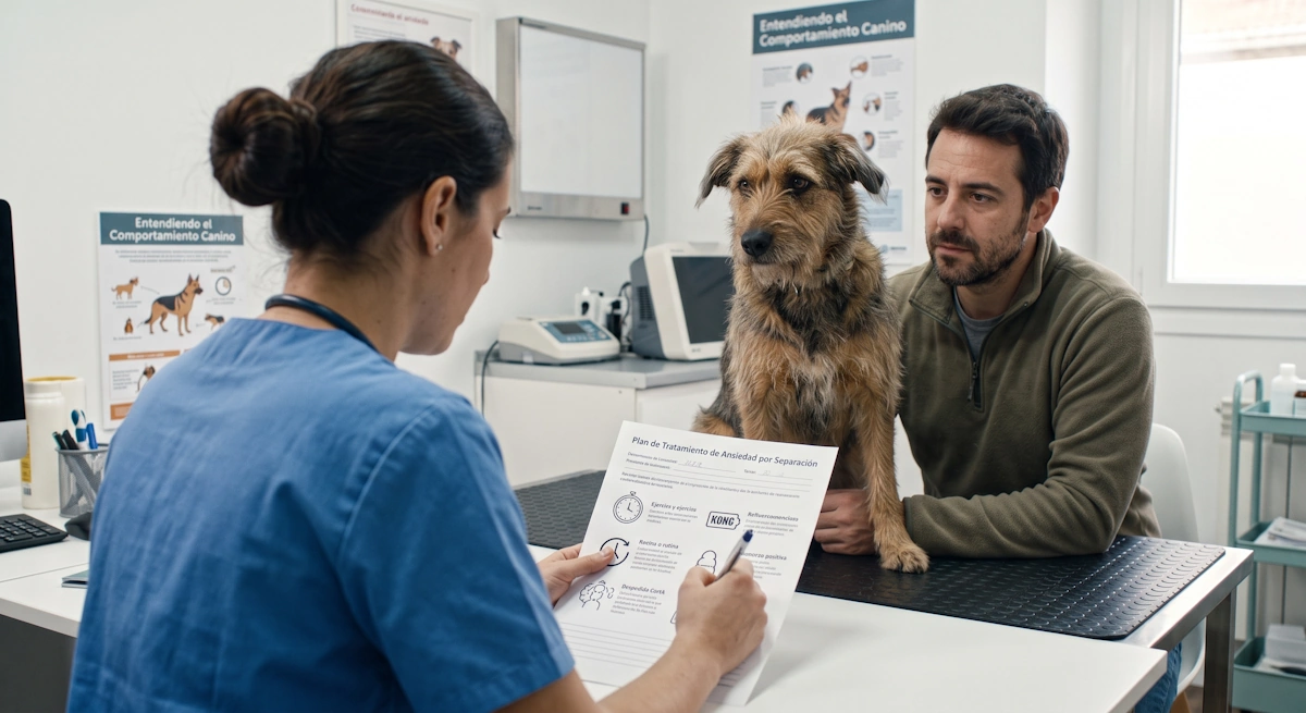 Equipo veterinario orientando sobre el tratamiento de la ansiedad por separación en perros.
