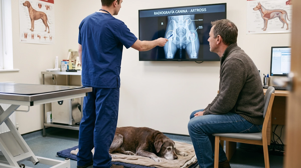 Veterinario mostrando radiografía digital para diagnosticar la artrosis en perros mayores.