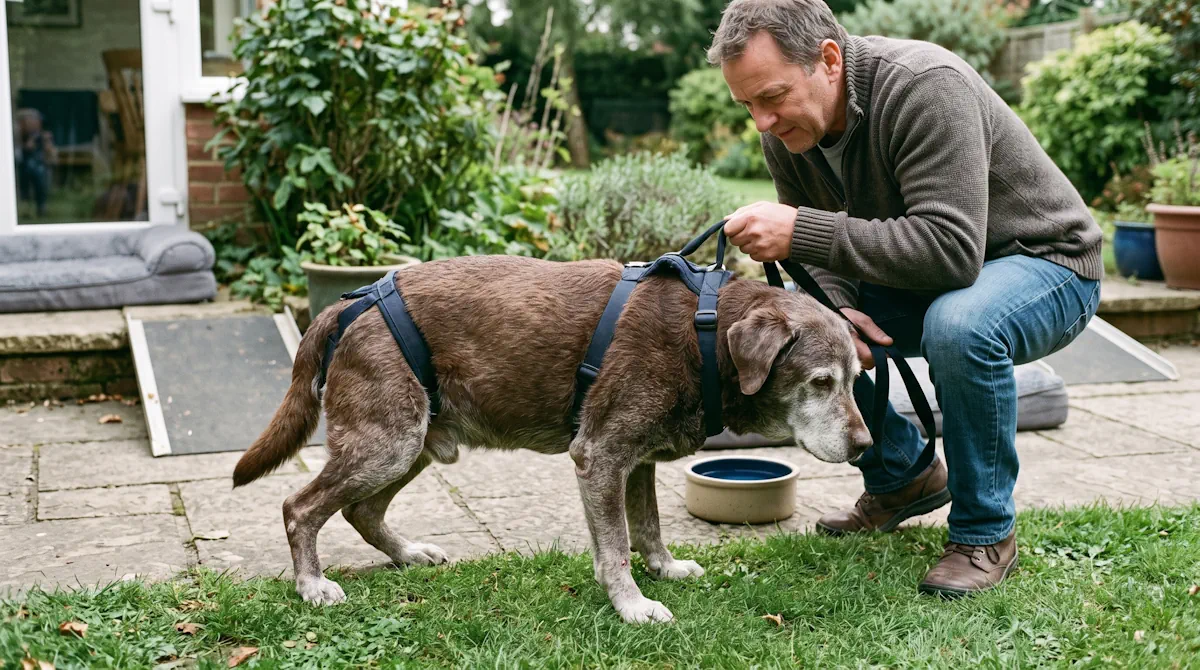 Tutor ayudando con cariño a su mascota afectada por artrosis en perros mayores a caminar